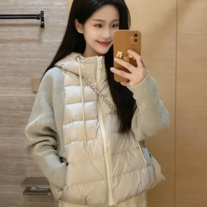 Knitted Splicing Cotton Clothes Women's Short 2026 Winter Fake Two-piece Cotton-padded Clothes Korean Version Loose Winter Coat