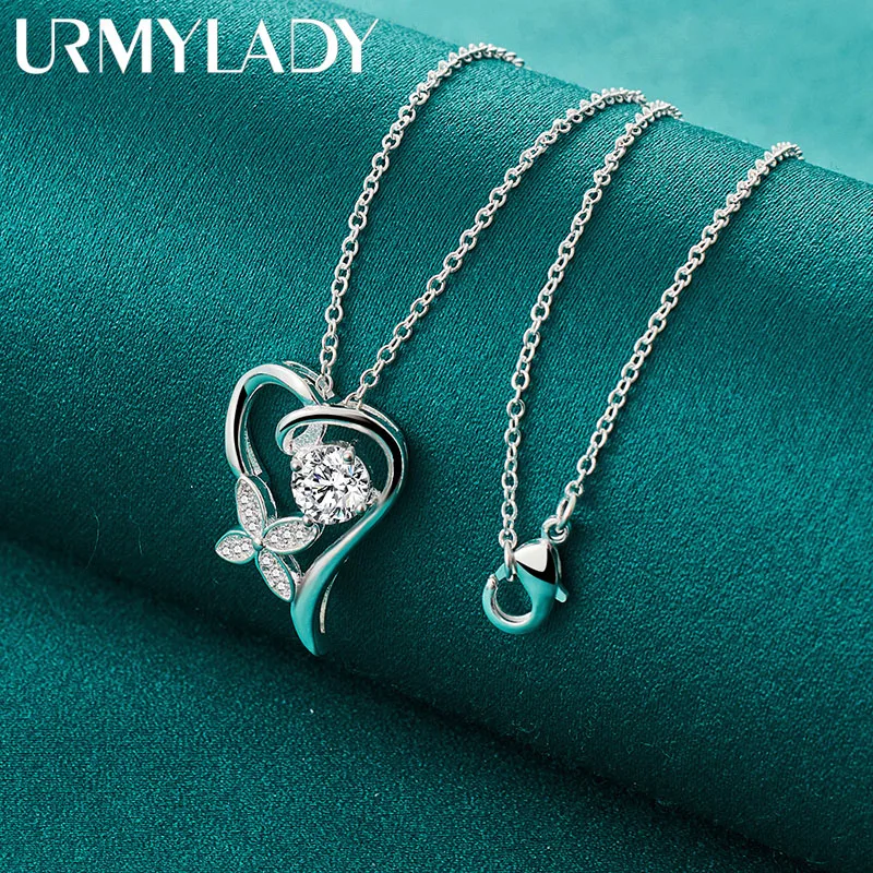 

URMYLADY 925 Sterling Silver Heart Flower AAAAA Zircon 16-30 Inch Pendant Necklace For Women Party Fashion Jewelry