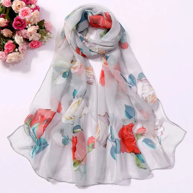 Rose Flower Printed Pattern Chiffon Georgette Silk Scarf Korean Style Foulard Shawl Bandana Women Elegant Beach Sun Protection