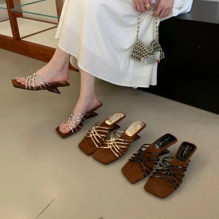 

Women Square Toe Kitten Heel Mule Sandals Gold Silver Strappy Slides Women Summer Casual Open Toe Slip-On Low Heel Party Shoes