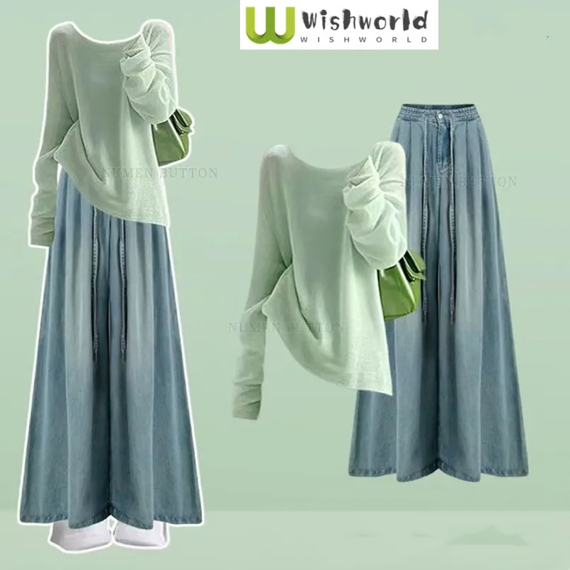 

Spring and Autumn Korean Style Casual Temperament Long Sleeved Top for Women and Wide Leg Jeans Two-piece Set