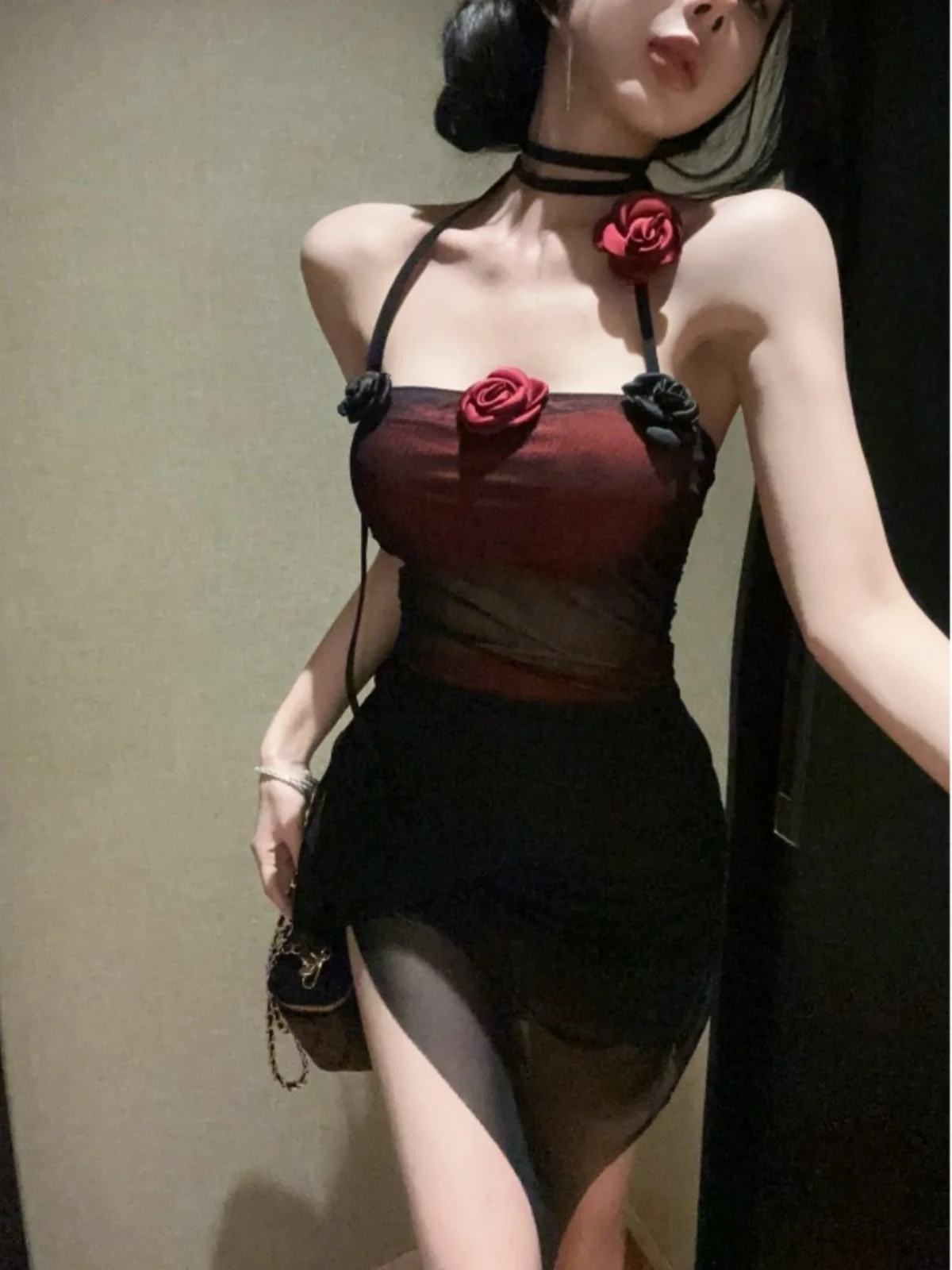 

Hebe Style Retro 3D Flower Necklace Dress Sexy Club Women's Fashion Mesh Color Block Bustier Short Skirt Original Design Silk...