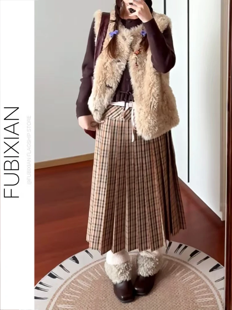 

High Waist Plaid Skirt Women's Autumn Winter New Sle A-Line Gingham Print Slimming Midi Skirt Vintage Sle