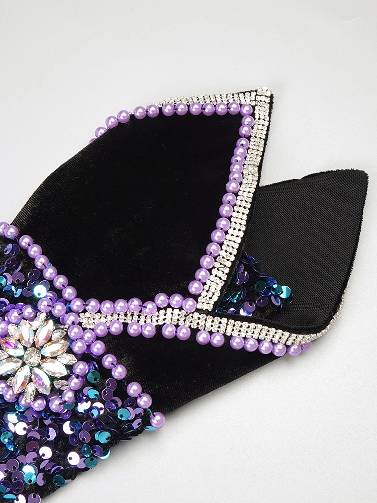 인어 긴 드레스 라인 석 스퀘어 칼라 긴 소매 핸드 크래프트 진주 다이아몬드 꽃 컬러 블록 파티 이브닝 ​​가운