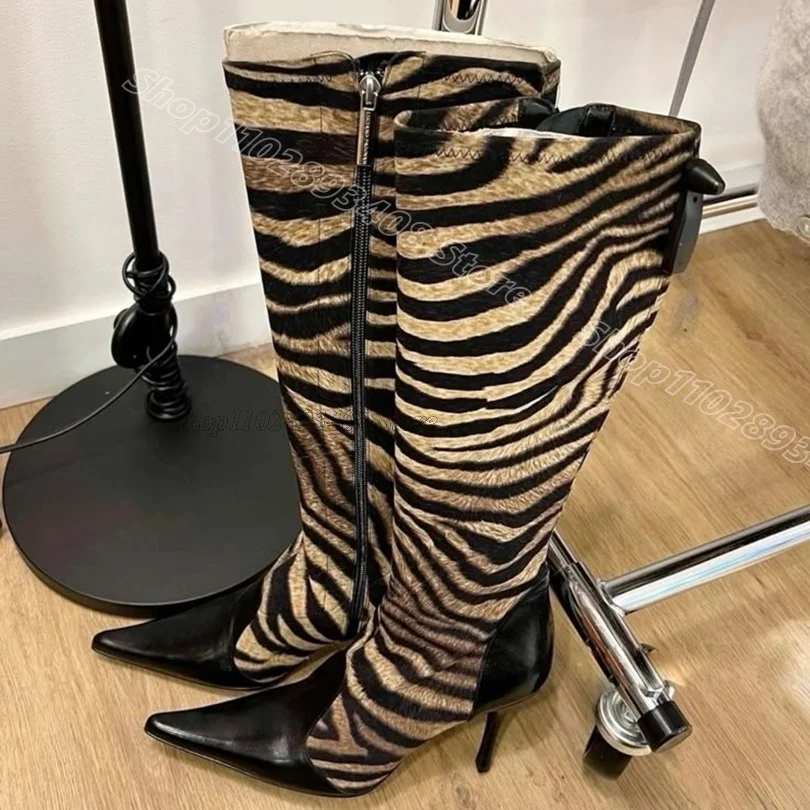 

Animal Pattern Patchwork Design Boots Pointed Toe Side Zipper Stylish Women Casual Party Knee Boots 2026 Zapatos Para Mujere
