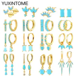 925 Silver Ear Needle Turquoise Hoop Earrings For Women INS Style Exquisite Flower Blue Crystal Piercing Huggie Earrings Jewelry