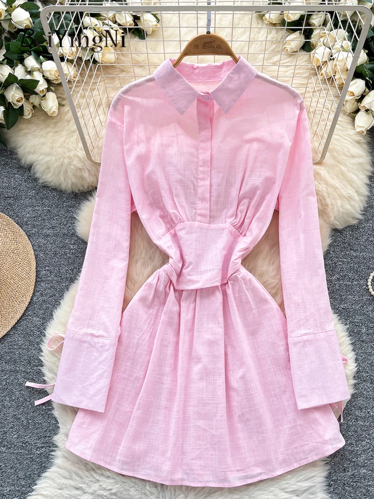 Beiyingni Abito camicia da donna Primavera Autunno Moda Bottoni a maniche lunghe A-line Mini Abiti Abiti femminili coreani in vita elastica