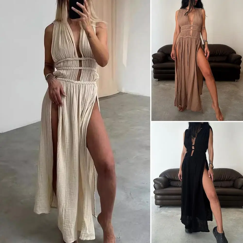 Vestido con panel de cuerda trenzada Vestido largo elegante con hombros descubiertos y correas trenzadas para mujer Vestido veraniego de playa de vacaciones de color sólido