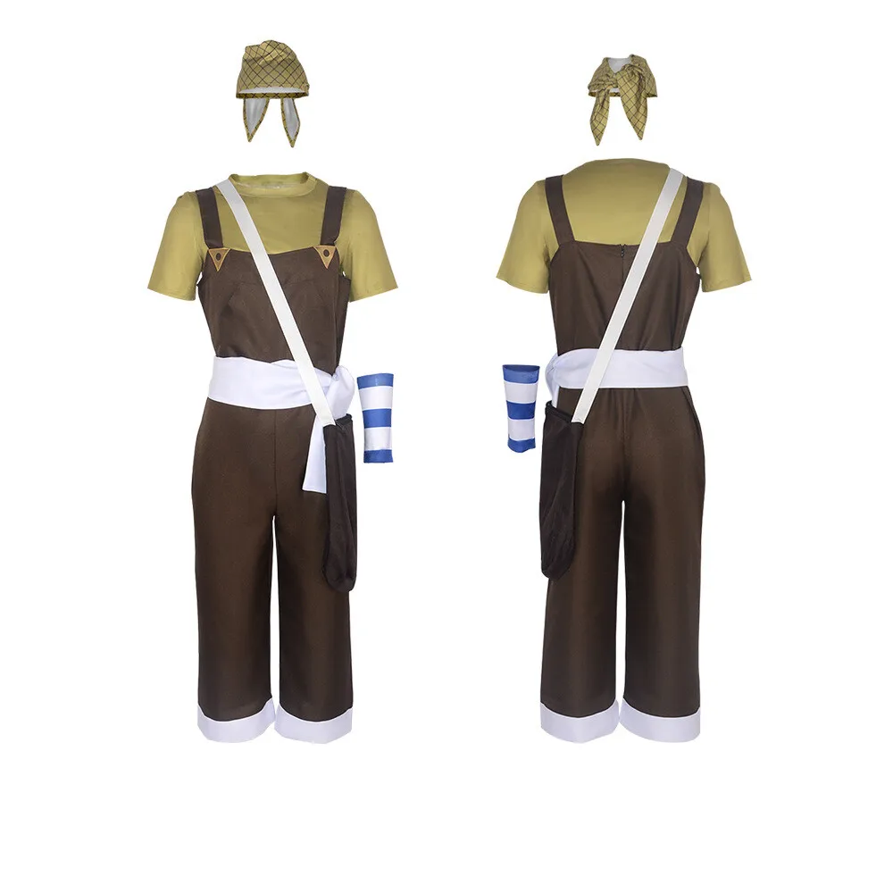

Anime Usopp Cosplay Costume Brown Rompers T Shirt Scraft White Waist Band Bag