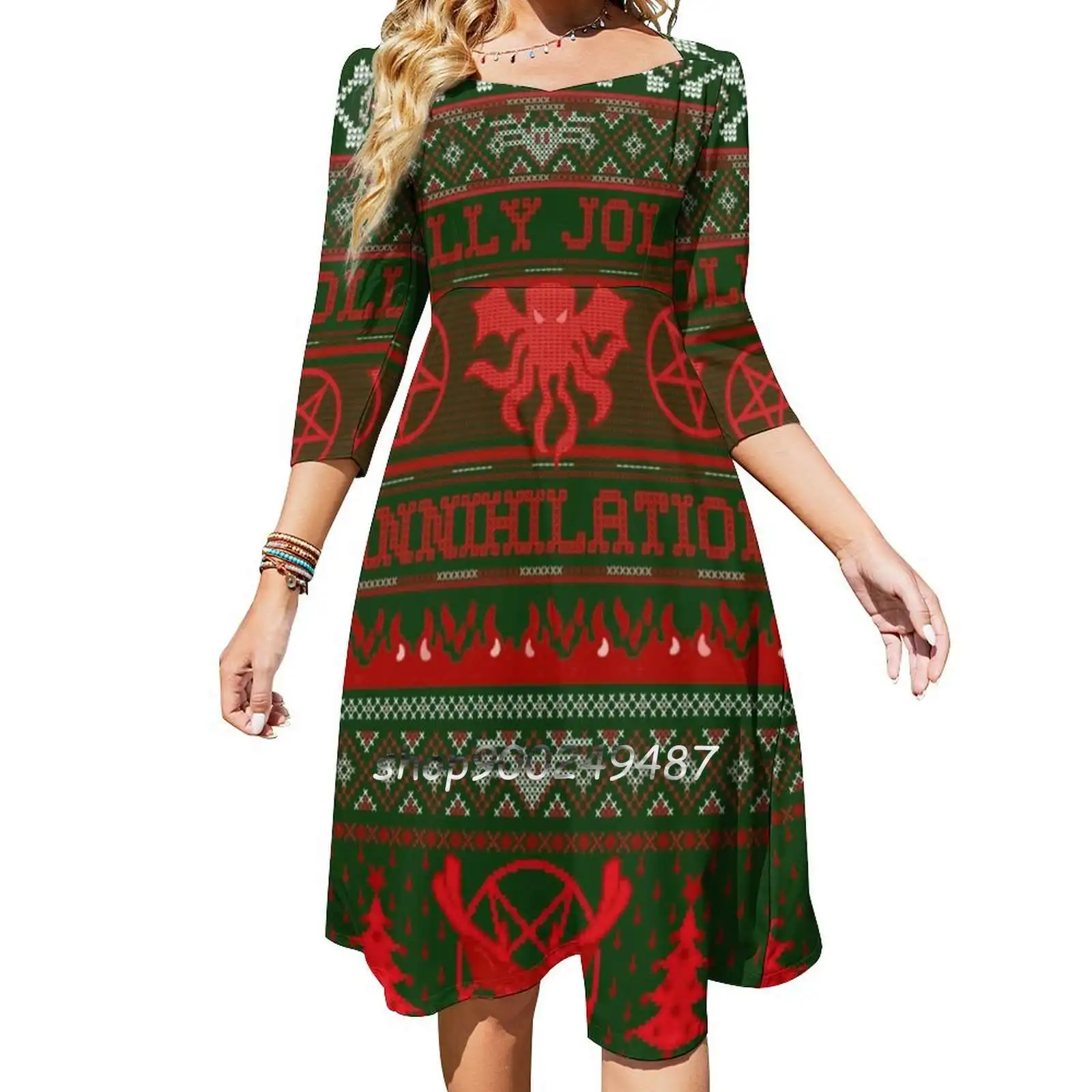 Have A Holly Jolly Christmas Annihilation With Cthulhu And Sweetheart Knot Flared Dress Fashion Design Large Size Loose Dress