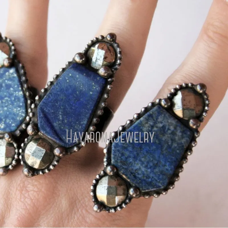 Lapis Lazuli Pyrite Blue Stone Ring Crystal Reiki Coffin Witchy Halloween Wiccan Supplies Gothic Satanic Ghost Demon Y2k Jewelry