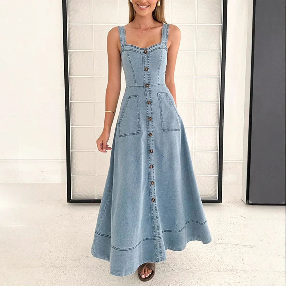 

Comfortable Versatile For Daily Commuting Simple Denim Mid Length Solid Color Dress With Suspenders Backless Temperament
