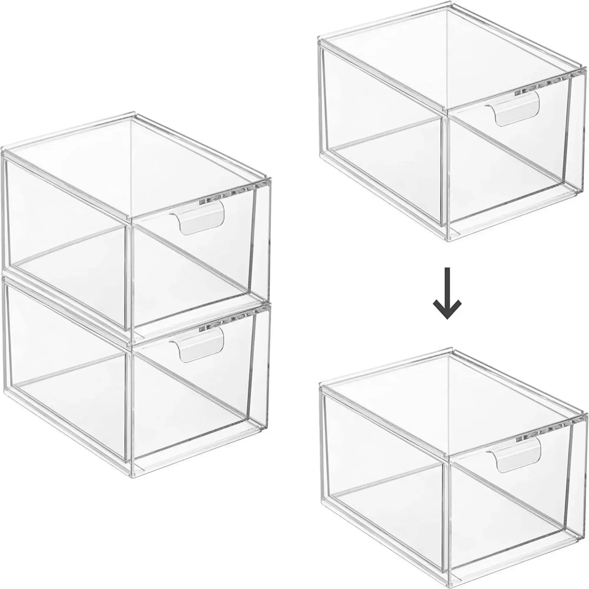 2 Piece Set Clear Organizer, Stackable Storage Box with Drawers for Organizing Cabinets, Desks, Shelves, Cupboards or Dressers