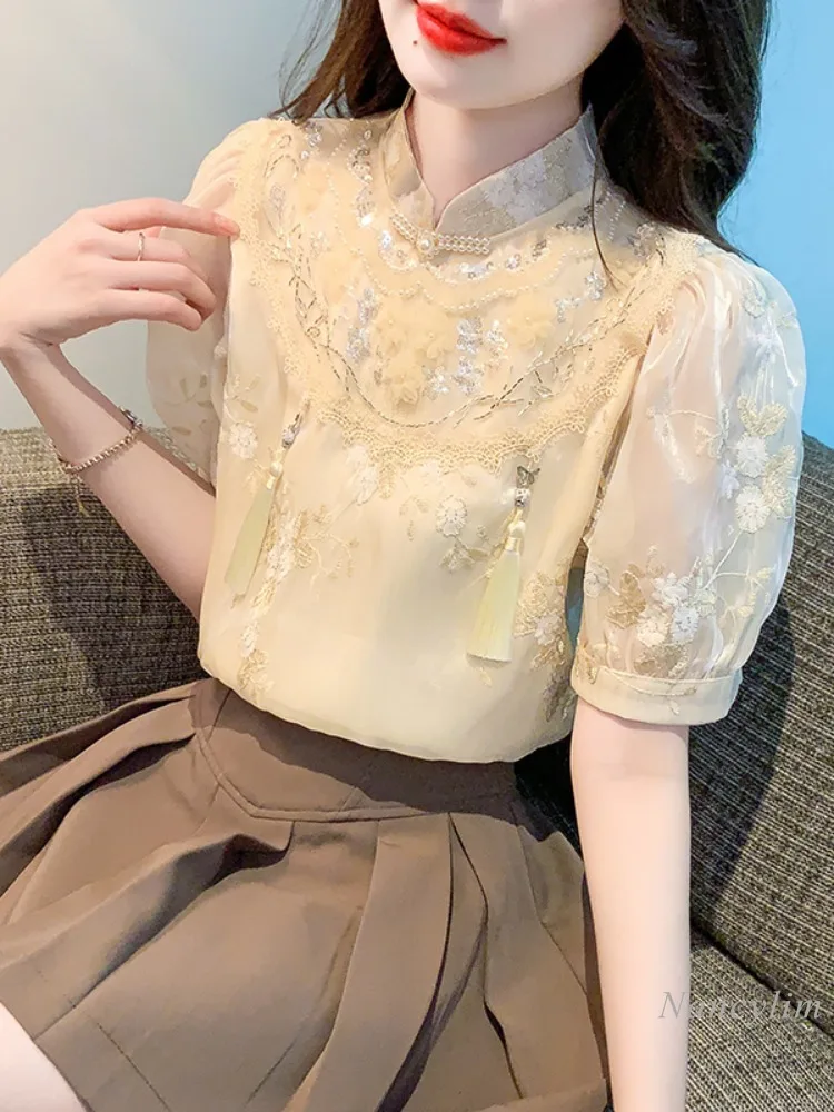 New Chinese Style Short Sleeve Apricot Chiffon Shirt Women\'s Summer 2024 New Elegant Top Embroidery Beaded Puff Sleeve Blouses