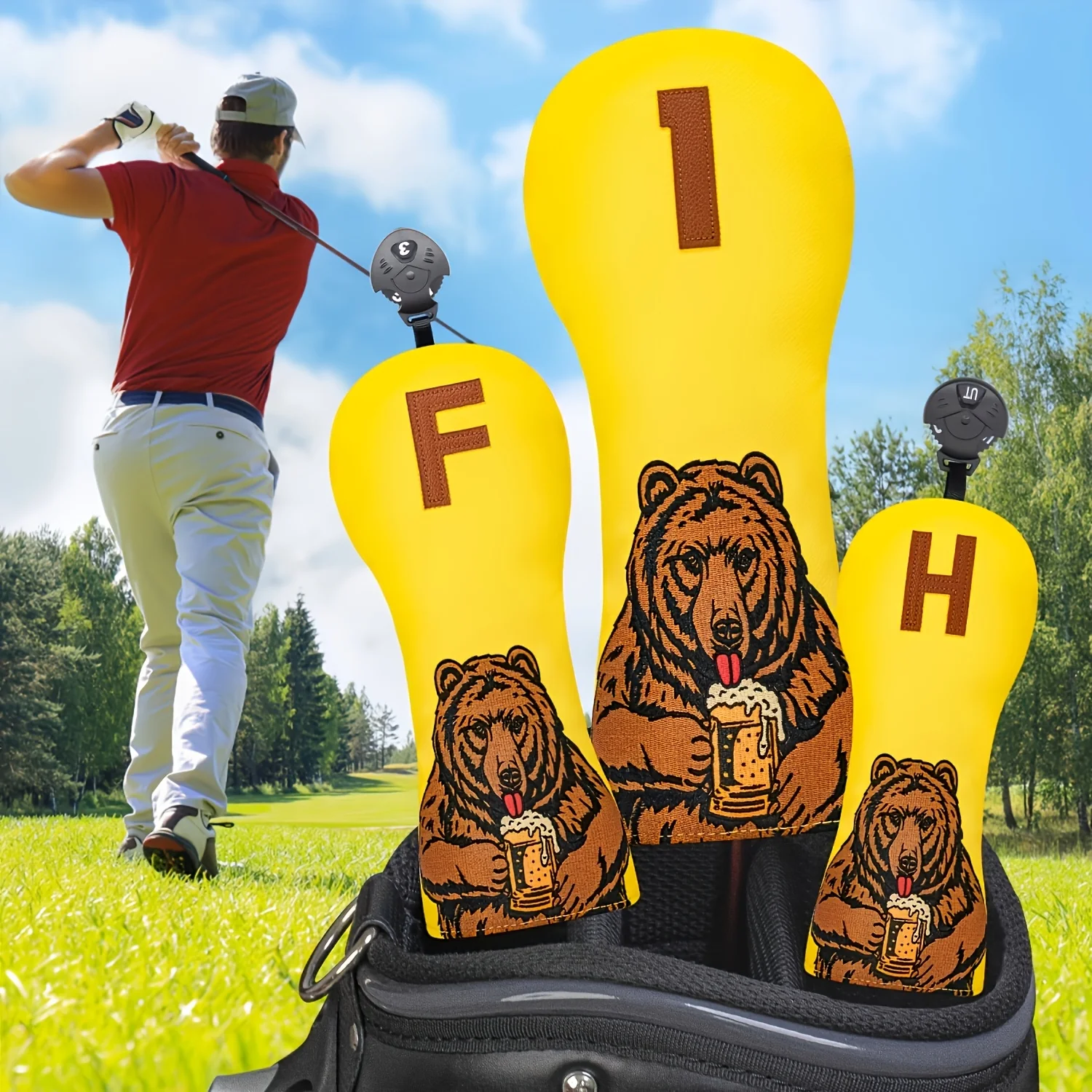 1pc/3pcs Brown Bear Golf Club Cover, Featuring a Golf-themed Cap Cover That Is Lively and Vibrant image 5