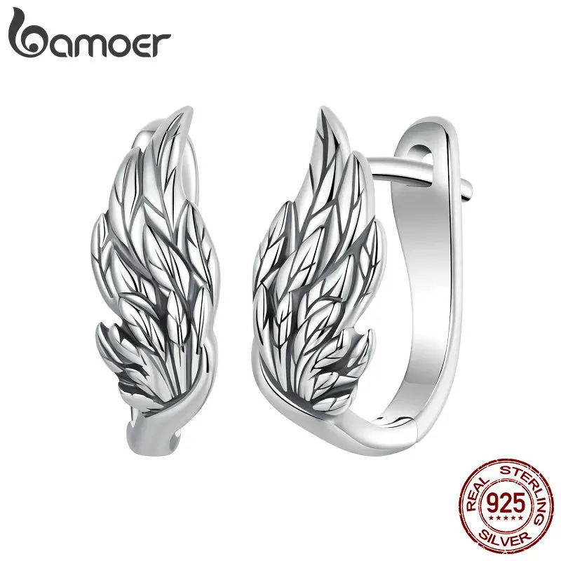 Bamoer Original 925 Sterling Light luxury Animal Design Wing Hoop Earrings Buckle Oxidized For Women Birthday Gift Fine Jewelry