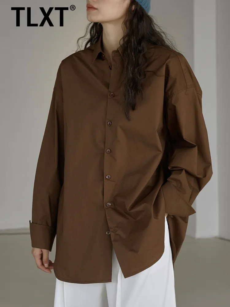 

TLXT элегантная женская минималистичная однотонная рубашка с лацканами, однобортные рубашки с длинными рукавами, женская весна 202, новинка XK1237