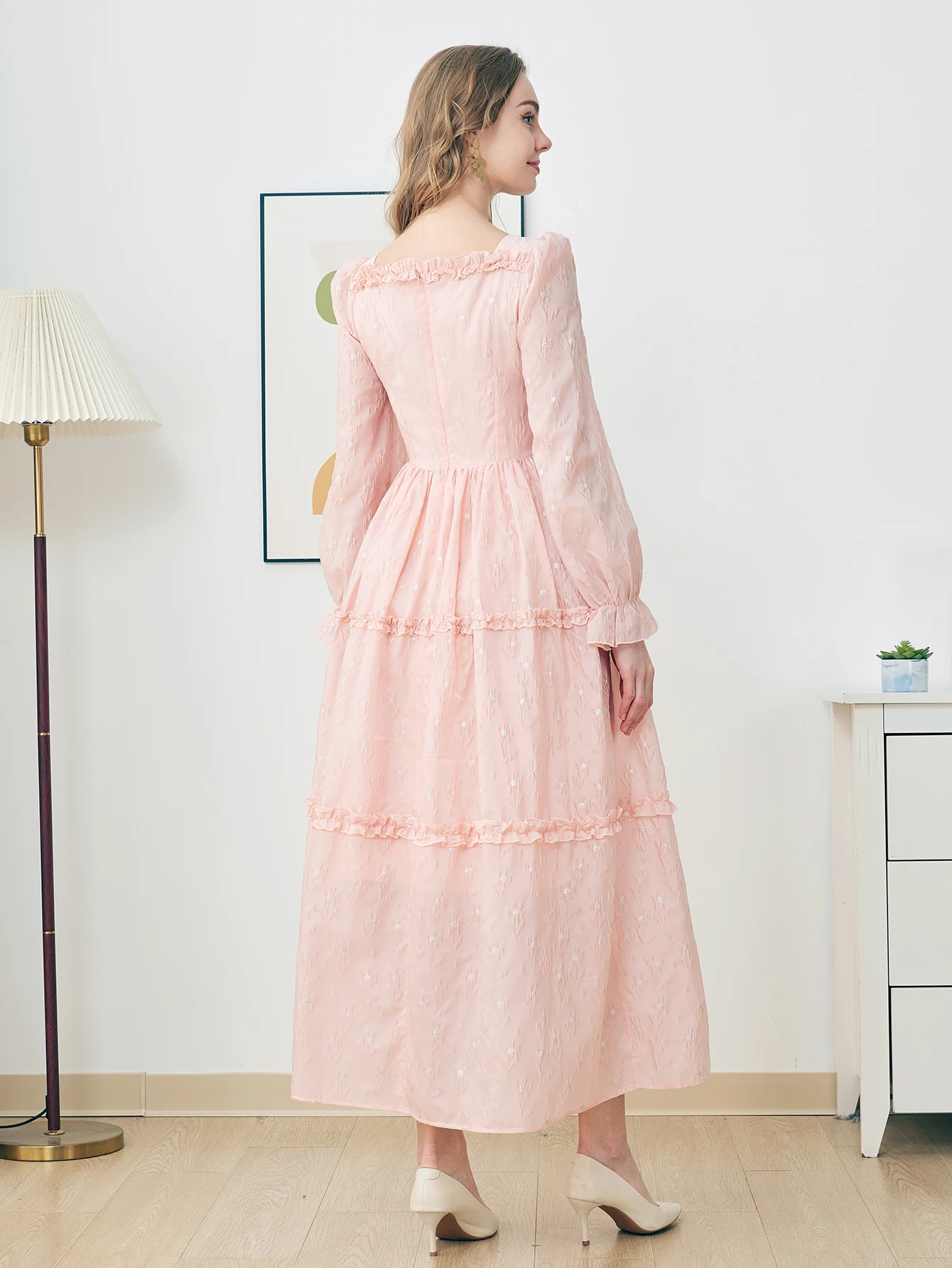 DEVCHATA Abito lungo lungo da donna elegante jacquard moda Abito lungo da donna con volant floreale rosa Orlo casual da vacanza Abito da sera da donna