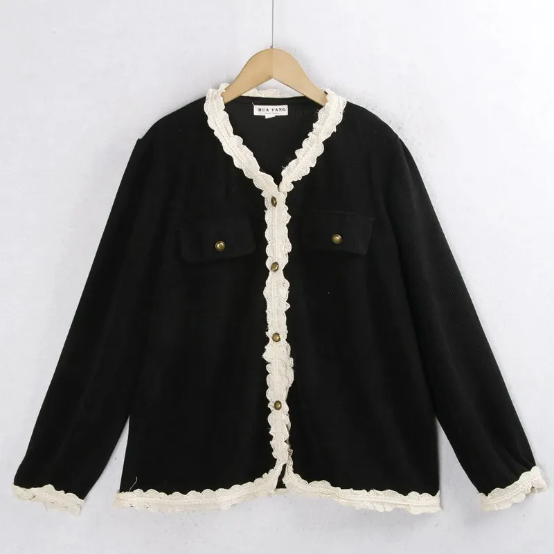 

Long Sve Knitted Cardigan Women's Sle V Ne Pure Color Button Versatile Autumn Winter Large Size Lace Trim Knitwear