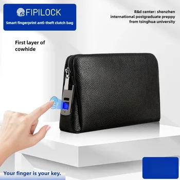 Premium męskie sprzęgło inteligentna blokada z użyciem linii papilarnych prawdziwej skóry torebka męska opaska na nadgarstek torebka z kopertówką o dużej pojemności portfel na co dzień