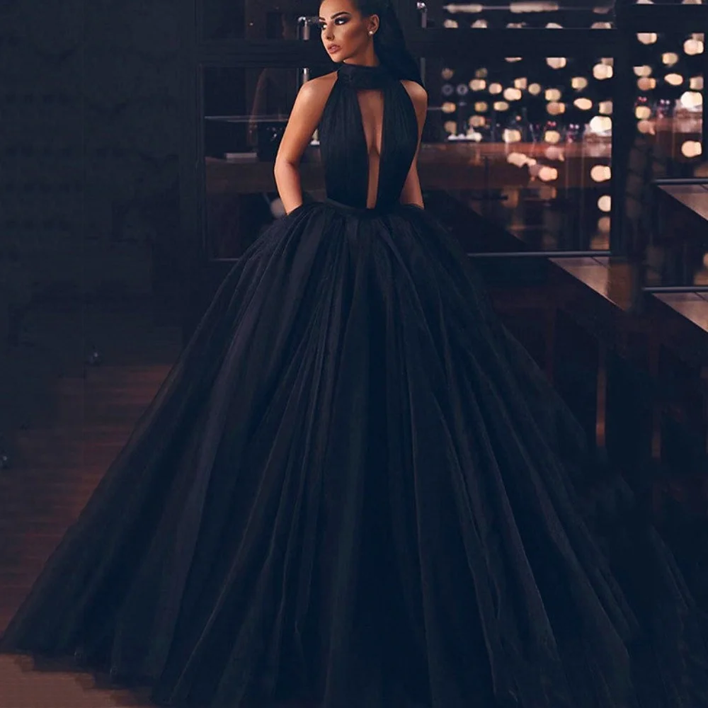 

A Line Simple Prom Dresses Customized Sexy Backless Tulle Party Gowns Halter Black Evening Dress New Vestidos De Novia