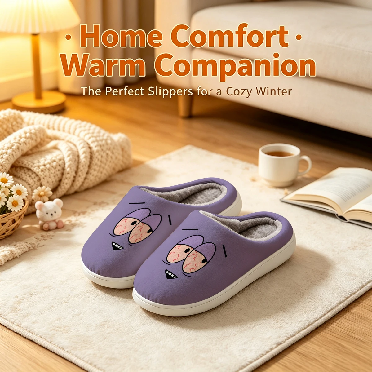 Sleepy Eyes Christmas White Slippers Warm Plush Indoor Shoes Non-Slip Winter Slippers Family Holiday Gifts Soft view 3