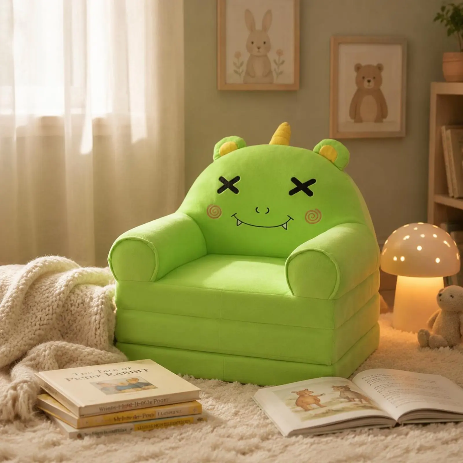 Cartoon Monster Sofa Foldable Folding Kids Sofa Toddler Couch Soft Cushion Kids Couch Bed Lightweight for Toddlers, Playroom