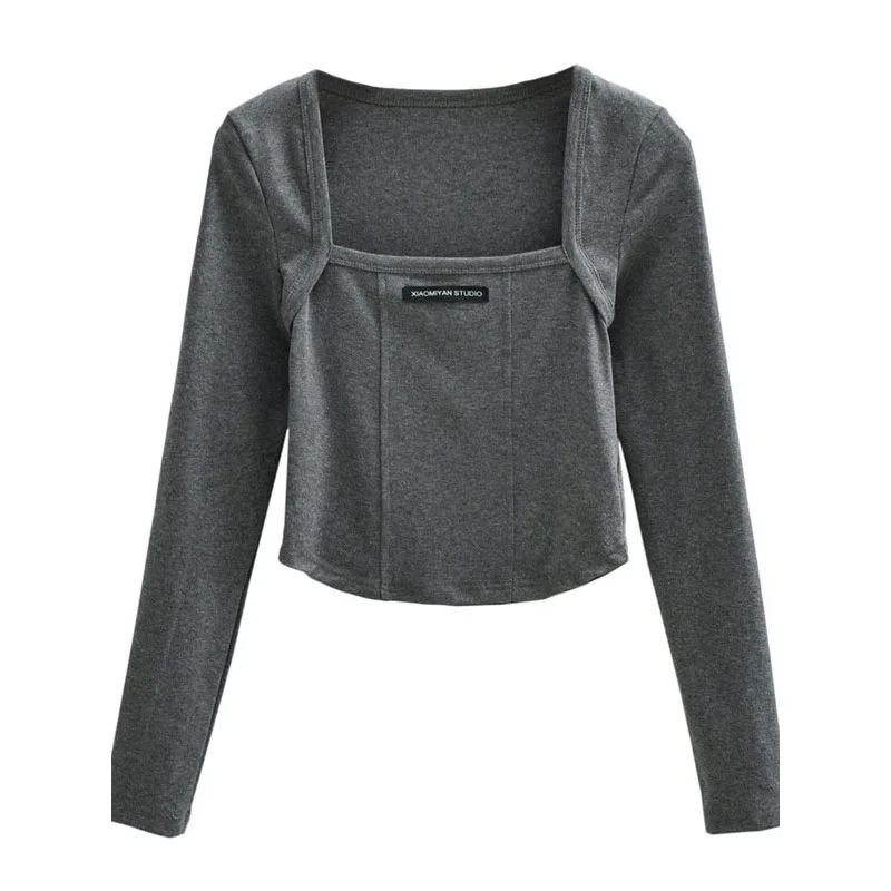 Women Long Sleeve Crop Tops Irregular Hem 2024 Spring Autumn Lady Sexy Slim T-shirts Solid Color Female Square Collar Pullovers