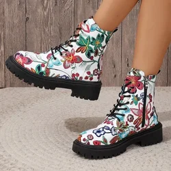 2025 autumn winter New style PU leather print lace up short boots punk style platform WOMEN'S square heel round toe ankle boots