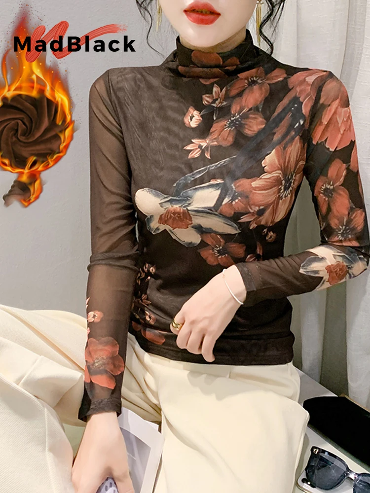 MadBlack-Women's European Fleece T-Shirt, Sexy Turtleneck Floral Print, Retro Long Sleeve Slim S-3XL Tee, 2025 Autumn T5N202CC