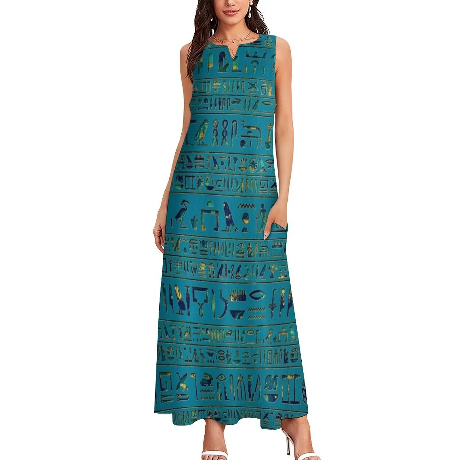 Egyptian hieroglyphs on teal leather texture Long Dress dresses summer woman 2025 birthday dress Dress