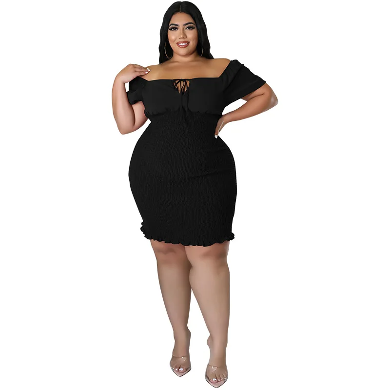 Summer Clothes Sexy Solid Color Plus Size Dresses for Women One Word Collar Mini Dress Hip Wrap Clubwear Wholesale Dropshipping