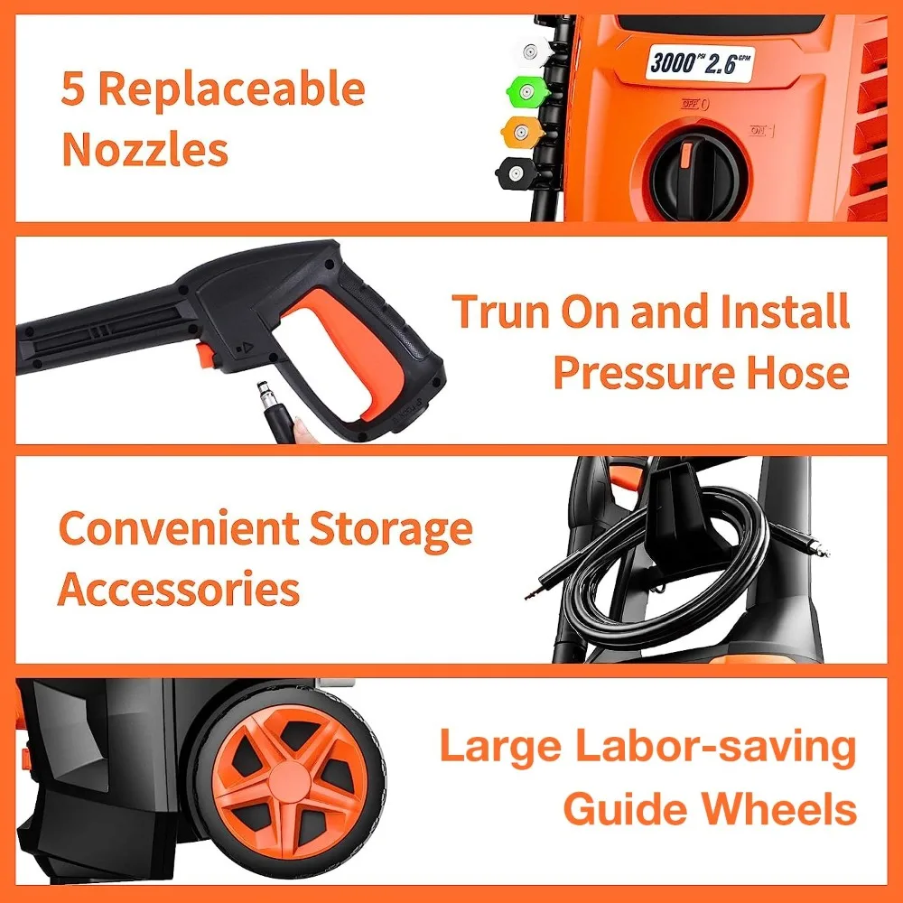 2024 New 3000PSI 2.6GPM  Electric Pressure Washer, Portable Pressure Cleaner Machine with 5 Nozzles for Car, Fence Cleaning