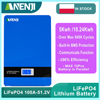 ANENJI 51.2V 200Ah 100Ah Powerwall LiFePO4 Wall-Mounted Battery Pack 48V 10Kwh for Solar Off/On Grid Built-in BMS 6000+ Cycles