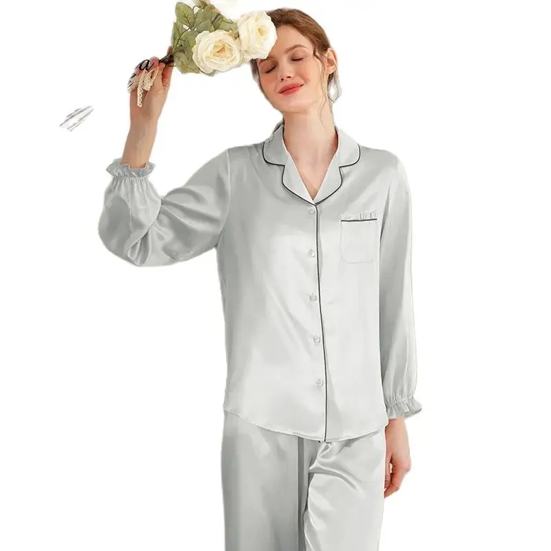 Conjunto de pijama BirdTree-seda para mulheres, 100% seda amoreira, lapela, manga ruched, loungewear casual elegante, nova primavera, 19mm, S419111QM, 2020