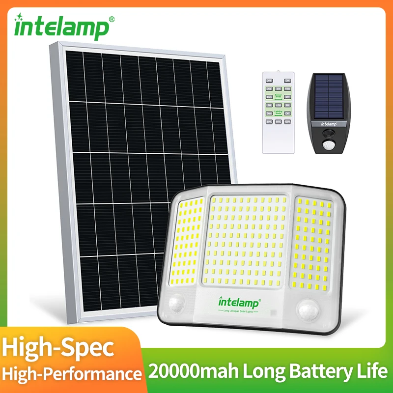 intelamp Solar-Sicherheitsleuchten für den Außenbereich, 20000 mAh, mit supergroßem Solarpanel, 4000 lm, Solar-Flutlichter für Hof, Garage, Garten