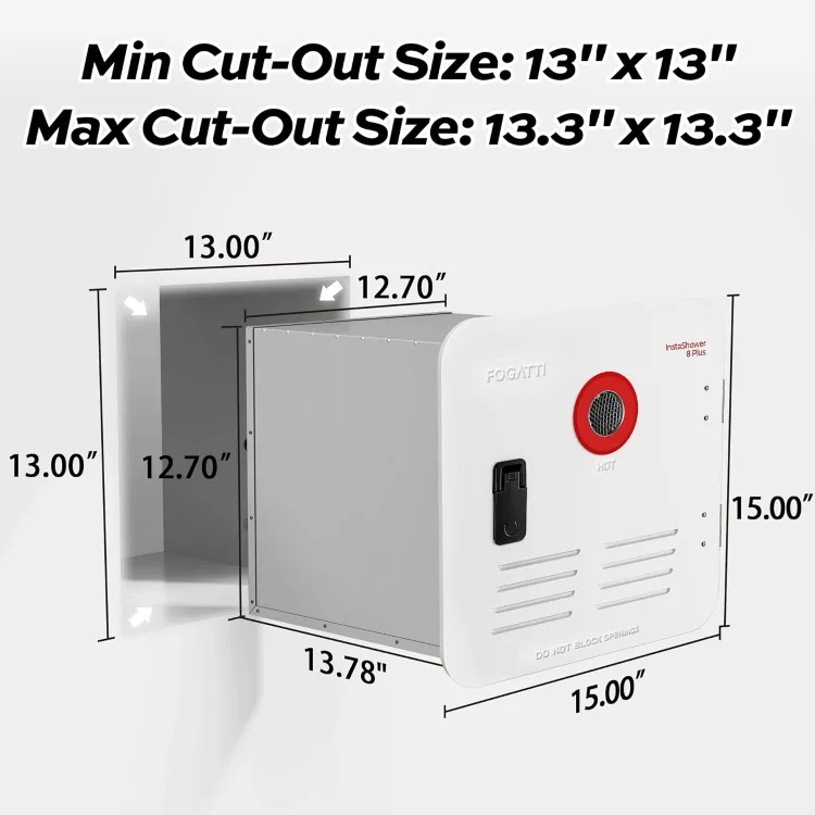 Aquecedor de água sem tanque RV com porta branca e controle remoto, InstaShower 8 Plus, Gen 2, 15x15 polegadas, DC 12V