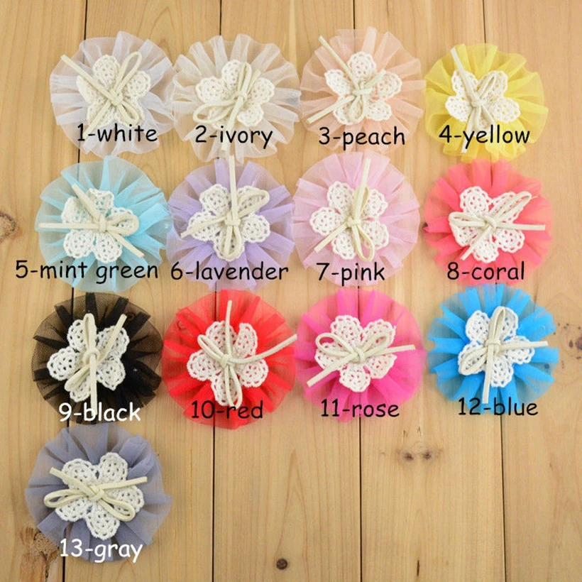 

130pcs/lot 3" Tulle Mesh Flowers With Cute Bow Center Flat Back DIY Accessories For Grament Hat Fabric Flower For Headband