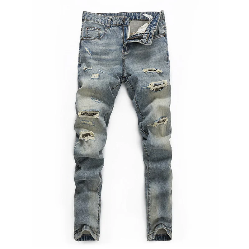 

Street Designer Fashion Men Jeans Retro Blue Stretch Slim Fit Paisley Patched Ripped Jeans Men Y2K Vintage Denim Pants Hombre