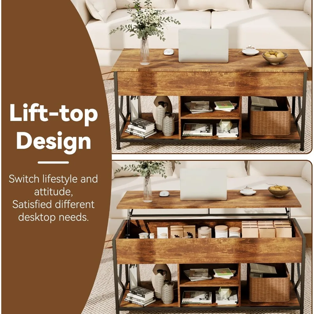 Mesa de centro, mesa de centro elevatória de 47,2 polegadas para sala de estar, mesas de sala de estar marrom rústico com armazenamento e compartimento oculto