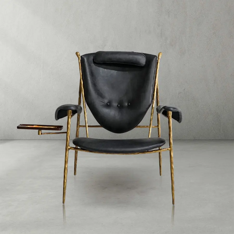 #MidCentury Modern Designer Vintage Black Leather Armchair Forged Iron Accent Lounge Chair Lobby Sofa Chairs Set for Living Room