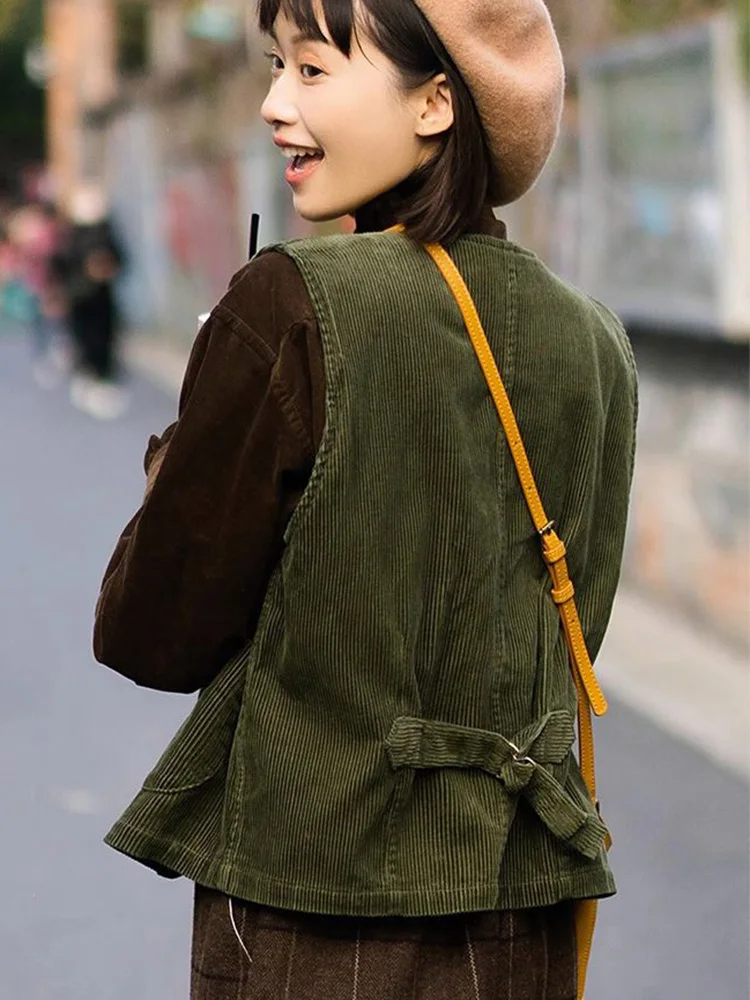 Zoki Vintage Women Corduroy Vest Fall Loose Preppy Style Sweet Vest Jacket Japan Casual Pockets Female O Neck Retro Solid Tops