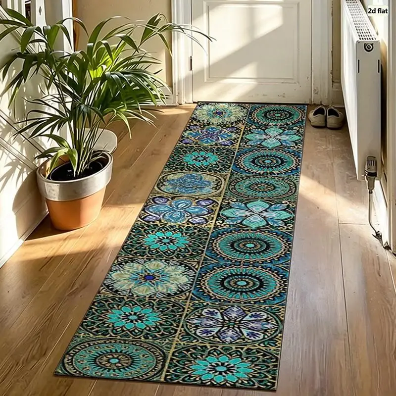 Teal Mandala Tile Pattern Runner Rug Washable Boho Long Hallway Carpet Corridor Floor Mat for Entryway Kitchen Home Decor