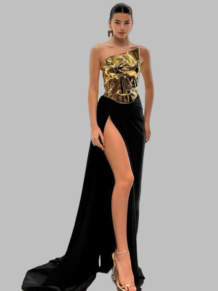 

INS New Women Sexy Strapless Split Gold Two Piece Set Celebrity INS Evening Party Tail Maxi Skirt Suit Dress