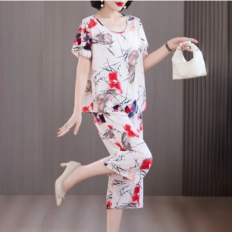 

Outlet Guangzhou Thirteen Rows mid Summer Cotton Silk Thin ort Sve Seven-Foot Wide Leg Pants Two-Piece Set Women