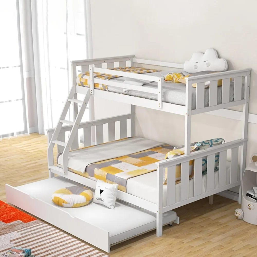 Twin Over Full Bunk Bed with Trundle, Wood Bunk Bed with Pull-Out Trundle Bed, Solid Wood Frame, Ladder & Safety Guardrail