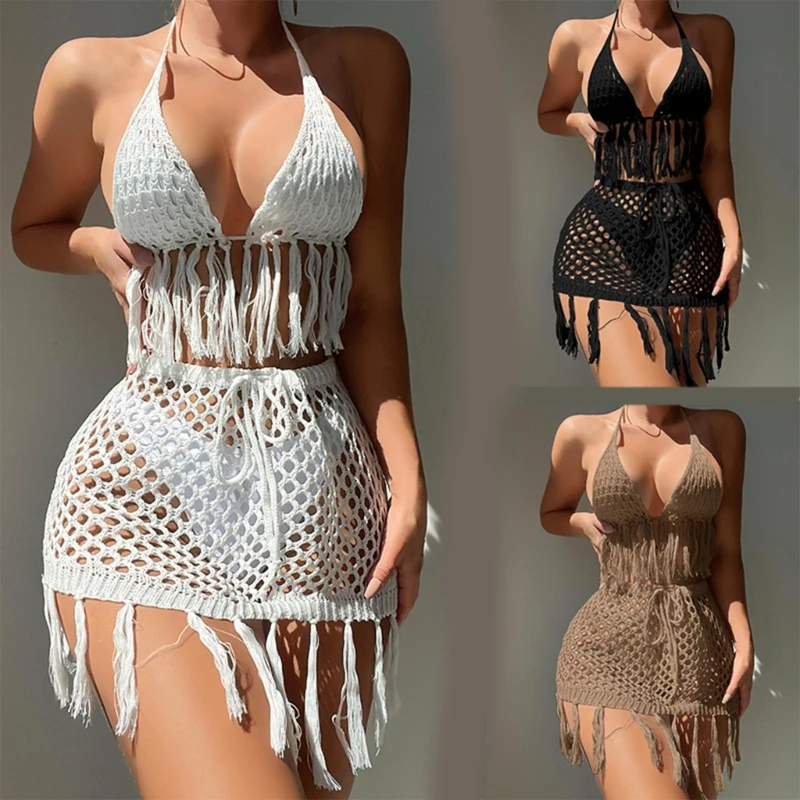 

Women Crochet Swimsuit Cover Up Bikinis Set Two Pieces Summer Hollow out Tassels Lace Up Halter Crop Tank Top and Mini Skirt