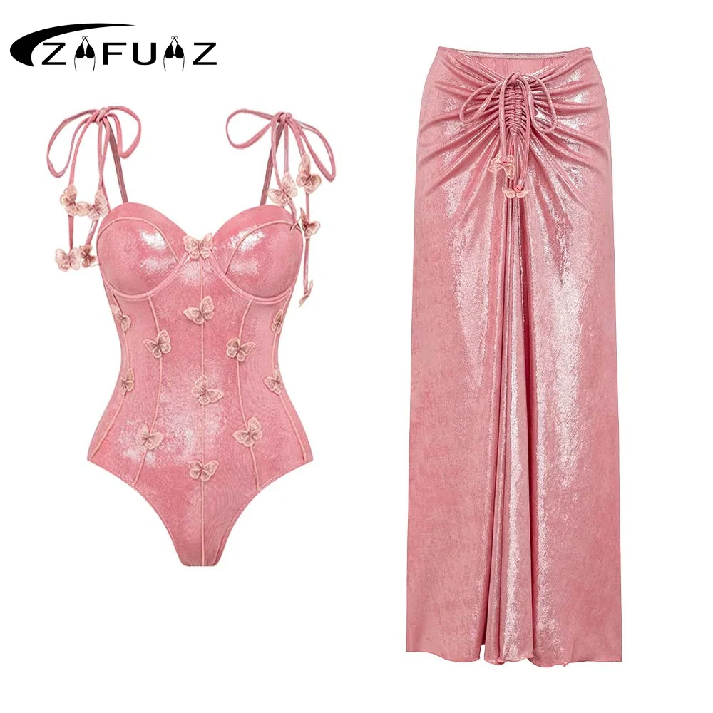 2024 Pink Shiny Embroidered Butterfly One-piece Swimsuit with Skirt Push Up Women Swimwear Monokini Bodysuit Luxury Bathing Suit