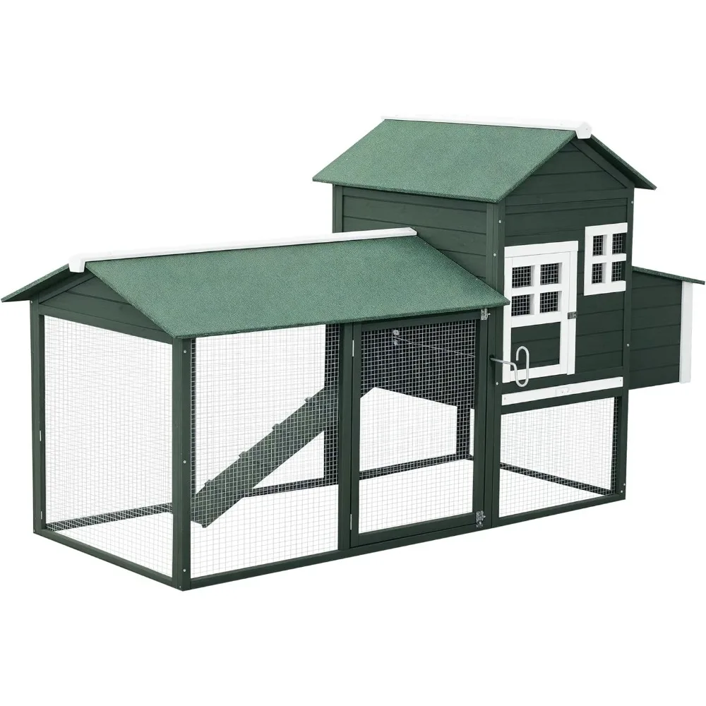 

84" Wooden Chicken Coop, Hen House Outdoor with Run Nesting Box, Asphalt Roof, Removable Tray, Ramp, Poultry Cage