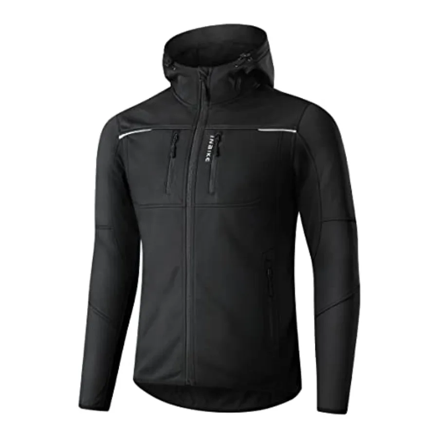 

INBIKE Hooded Cycling Bike Jacket Men Running Biking Windbreaker Reflective Windproof Thermal Fleece Lined Bicycle Coat